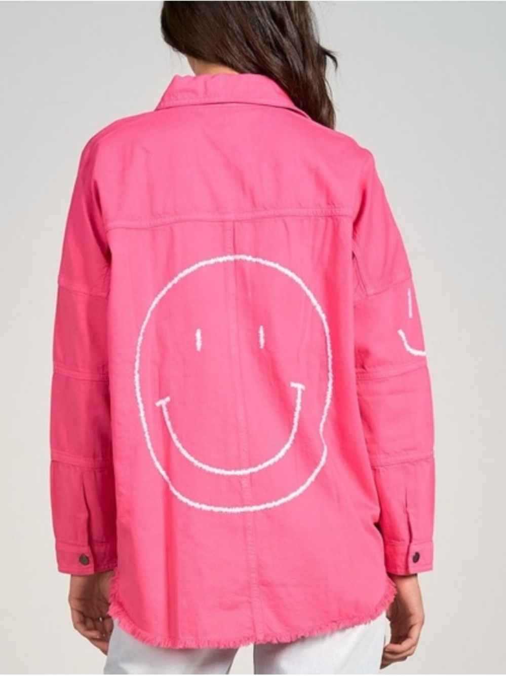 NWT Elan Hot Pink Shacket Jacket with White Smiley Graphic, size Med